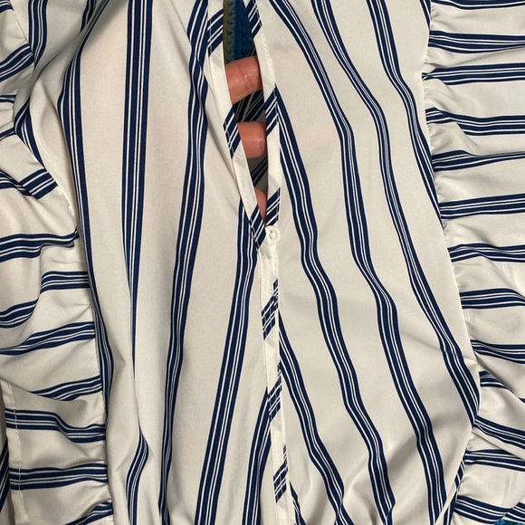 Blue and White Striped Jumpsuit with Ruffled Shoulders and Tie Waist - Picture 10 of 13